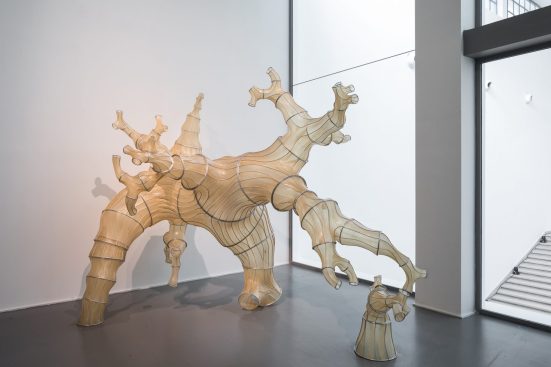 Julia Lohmann. Oki Naganode. 2013. Seaweed, rattan, aluminum, 118 inches by 138 inches x 138 inches. Installation view in Broken Nature: Design Takes on Human Survival, the XXII Triennale di Milano, Mar. 1, 2019–Jan. 28, 2018.