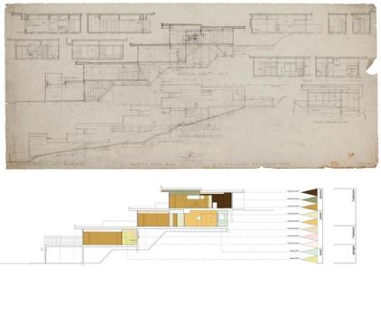 Schindlers original section drawings and a current section keyed to stain colors