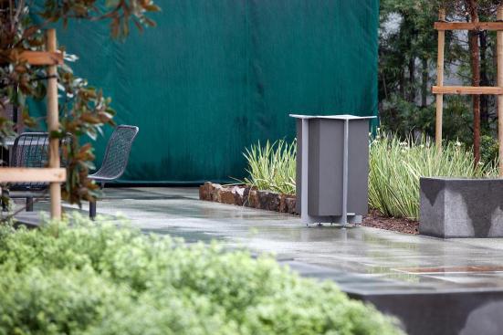 Knight Litter Receptacle with Slate Texture powdercoat at Mission City Corporate Center, San Diego, California