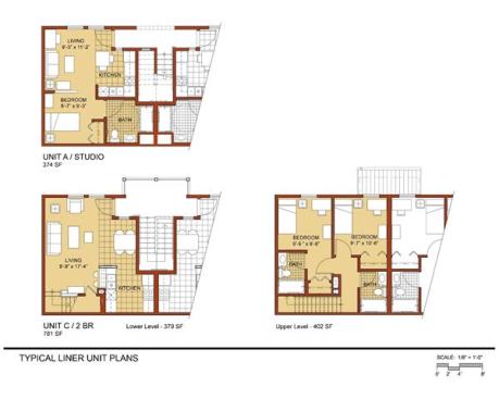 Floor plans for two types of units. Two story parking garages are buried under each building, their openings gracefully obscured by townhouses lining the above grade side of each garage.