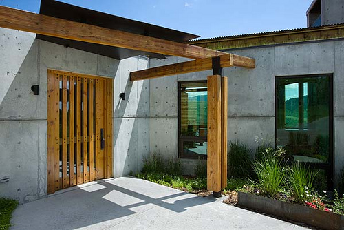 Exterior, horizontal, front entry detail, Landes-Oatey residence, Jackson, Wyoming; Ward + Blake Architects