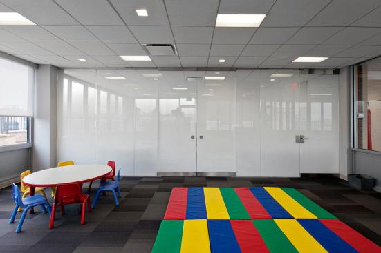 Partition wall and doors in ViviGraphix Gradiance glass with Scatter interlayer and Standard finish at Gracie Mews Pool & Health Club, New York, New York