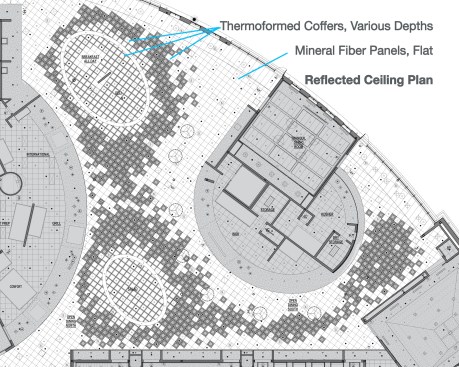 Three styles of coffered, thermoformed ceiling panels were used over the food preparation islands and to visually break the sprawling dining room into smaller seating areas.