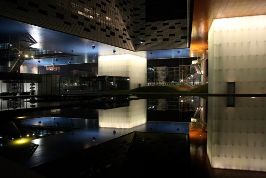A view of several of the cores reflected in the water.