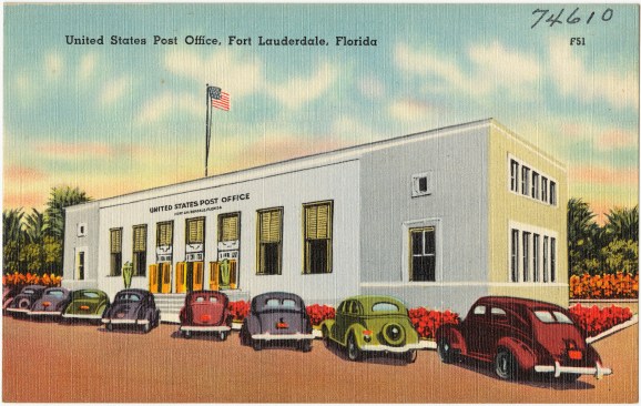 A postcard c. 1930-45 of the post office in Fort Lauderdale, Fla.