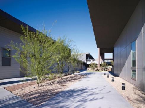 Colored gravel adds a low-maintenance, desert-friendly touch to the landscaping.