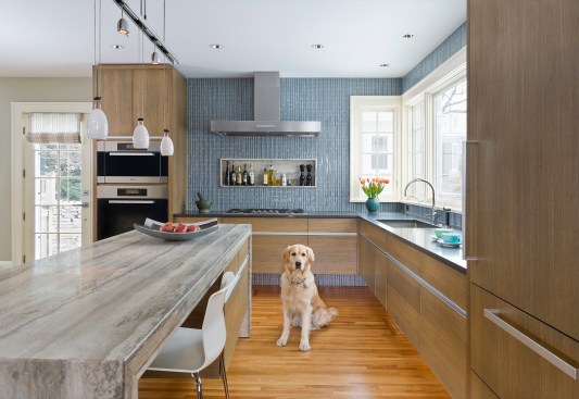 Modern kitchen with rift sawn oak cabinets and large stone island with view toward stove