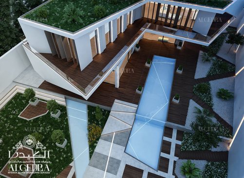 Modern villa patio and pool design, exterior