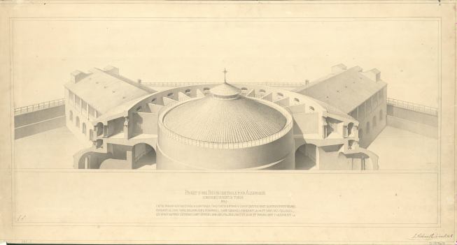 Henri Labrouste, Projet de concours pour la construction d’une prison centrale &agrave; Alessandria (Pi&eacute;mont), coupe perspective, 1839.