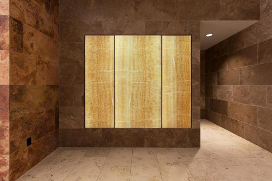 LightPlane Panels in ViviStone Honey Onyx with Pearlex finish shown illuminated at the Woolworth Building, Eugene, Oregon