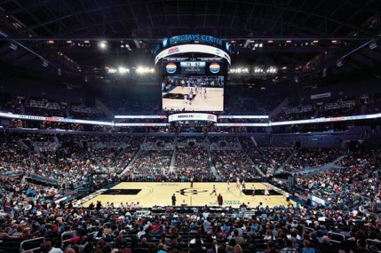 With+black+seats%2c+walls%2c+floors%2c+and+ceiling%2c+the+main+bowl+of+the+arena+is+a+multifunctional+space+(here+hosting+an+exhibition+game+for+the+Harlem+Globetrotters)+that+can+seat+nearly+18%2c000+for+a+Brooklyn+Nets+game+and+19%2c000+for+a+concert.
