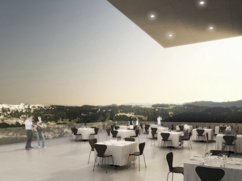 A rendered view from the terrace caf&eacute;.