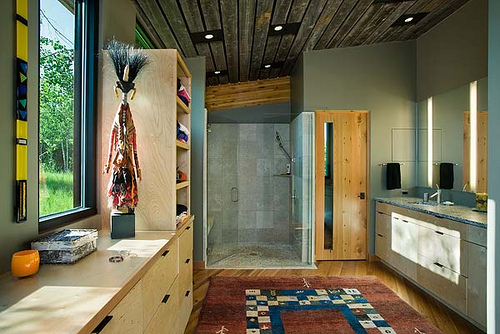 Interior, horizontal, master bathroom overall, Landes-Oatey residence, Jackson, Wyoming; Ward + Blake Architects