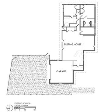 The existing floor plan showing the garages relationship to the house.