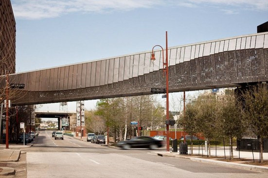 Bridge upper panels in Stainless Steel with Sandstone finish and custom Eco-Etch pattern; lower panels in Stainless Steel with Sandstone finish and custom screen pattern at the Houston Ballet Center for Dance, Houston, Texas