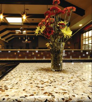 EnviroGLAS products are made from recycled and reclaimed materials. The line consists of EnviroSLAB countertops, EnviroPLANK flooring tiles, EnviroTRAZ poured-in-place terrazzo, EnviroSCAPE landscaping aggregate, and EnviroMODE countertops and flooring. Products are made of 75 percent recycled glass and/or porcelain and 25 percent epoxy resin binder, which contains no VOCs. (972) 473-3725 / www.enviroglasproducts.com CIRCLE NO. 80 or ecostructure.hotims.com