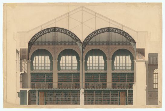 Henri Labrouste, Biblioth&egrave;que Sainte-Genevi&egrave;ve, coupe transversale sur la salle de lecture, 1850.