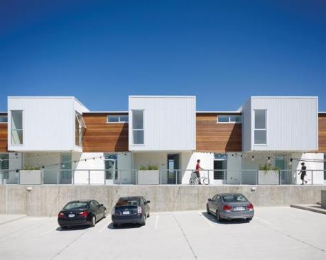 A view of the top level of residential parking, facing the townhomes. 