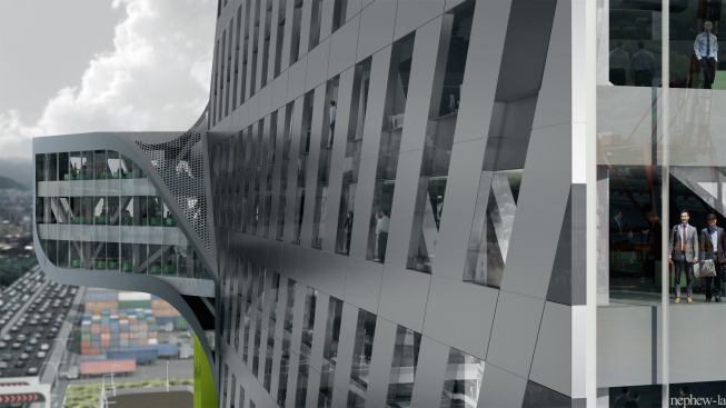 Detail view of office facade.