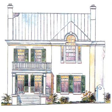 The five distinct architectural styles of houses in Phillips Row are grouped in clusters around a city block. Homes with turrets and porches anchor corners of the development.