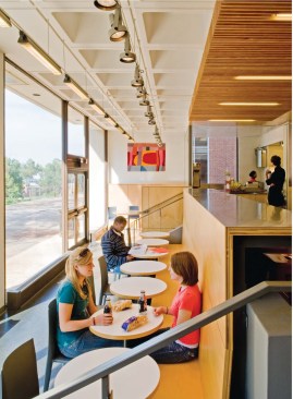FINE ARTS CAF?, 2008 Designed by associate professor Judith Kinnard, this project took an uninspired snack bar?little changed since the 1970s?and injected it with energy. New materials wrap the existing concrete shell to provide spatial definition and social connections. Faculty Architect: Judith Kinnard Architect of Record: University of Virginia Lighting Consultant: Mark Schuyler LC
