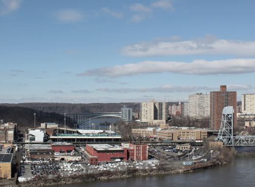 The new Campbell Sports Complex at Columbia University, designed by Steven Holl Architects, sits at the northernmost edge of Manhattan, and is seen here from the Harlem River.