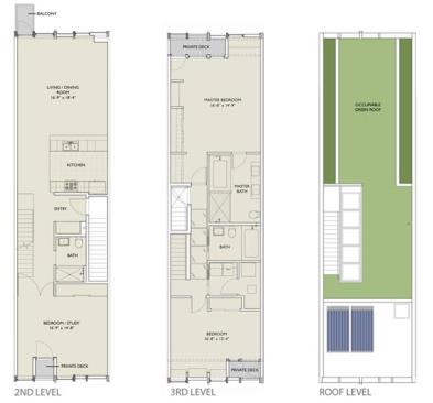 The second-floor, third-floor, and roof-level floor plans at Thin Flats.