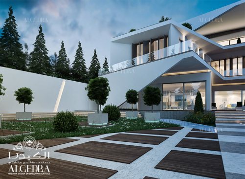 Modern villa entrance pathway