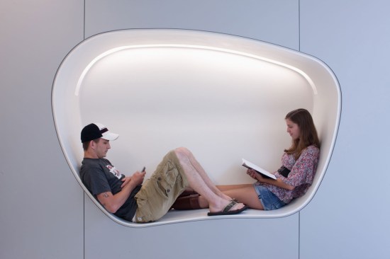 A seating nook echoes the shape of the learning oasis and provides unique space for students to sit and lounge.