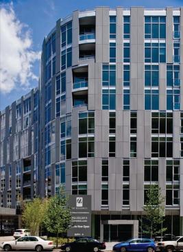Shalom Baranes Associates covered the 22 West condo building in a durable zinc cladding that has a naturally warm patina and inherent green properties. The firm specified a module installation that produces very little waste.