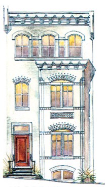The five distinct architectural styles of houses in Phillips Row are grouped in clusters around a city block.