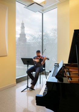 Many of the music studios feature views of LaGuardia Library and the campus green.