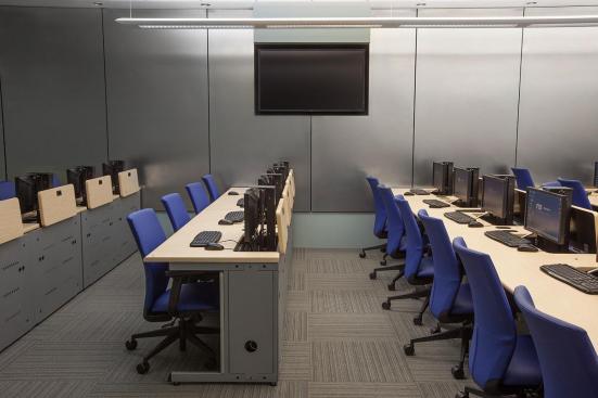 LEVELe Wall System with Blind panels; insets in Stainless Steel with Linen finish at Florida International University - Ryder School of Business, Media Labs, Miami, Florida