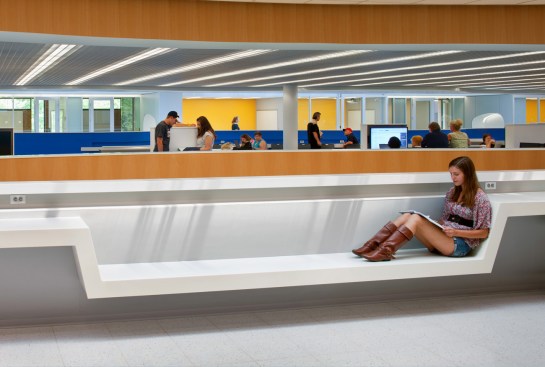 The study counter folds down to create space for lounging and reading.