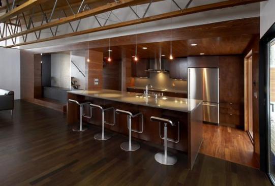 Contrasting interior finishes delineate the circulation core, which includes the entryway, kitchen, and rooftop addition.