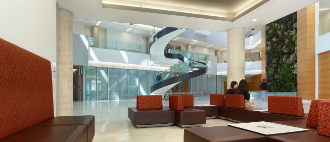 Lounge off the atrium, Papadakis Integrated Sciences building