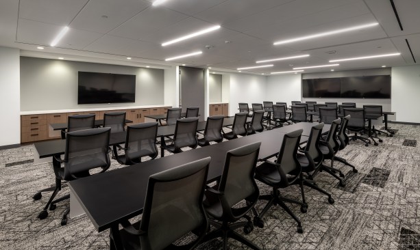 By utilizing a retractable wall, the large conference center can be divided and oriented in multiple ways.