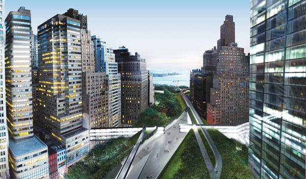 Morphosis? approach is to sculpt the land and texture of the urban fabric, starting with the area above the Brooklyn-Battery Tunnel. The goal is to create a lush green space that connects with Battery Park, extending the park into the city and reworking the street connections to increase neighborhood connectivity.