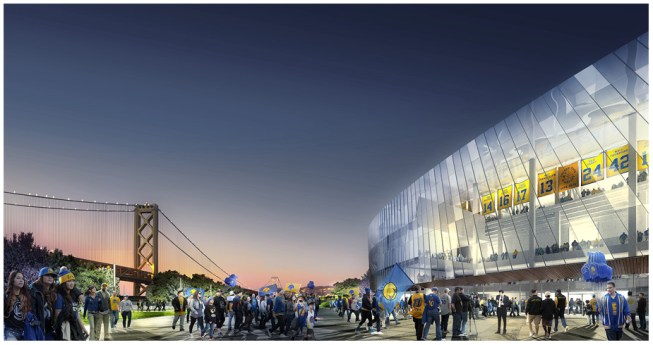 Rendering of new arena and Bay Bridge.