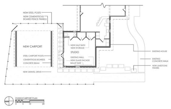Floor plan showing the renovated former garage and the new carport.