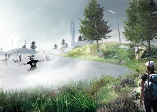 View of rooftop ski slope and trail