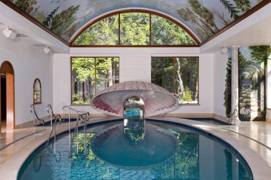 The Shell Pool-S. Barrington, IL The pool house design is a three-level affair (two stories above grade and one below) and features an 18-by-40-foot ellipse pool, spa, children's pool, and sauna as well as a full array of cooking, dining, and entertainment amenities. The clamshell that opens over the swim channel between the indoor and outdoor pools has become the project's icon. The custom tile mosaic depicts the flowing form of a chiffon scarf draped across the steps and down into the elliptical pool. The outdoor pool includes a mosaic reef on the floor of the pool as well as a curving vanishing-edge feature that flows to a lower level patio. 
Architect: Platinum Poolcare/Hollander Architects