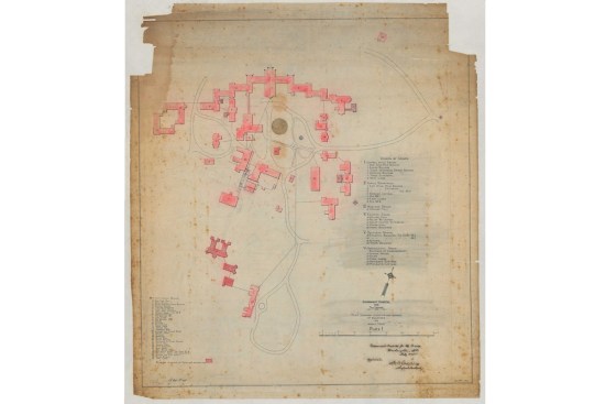 This 1895 site map shows the Center Building and other supporting structures of St. Elizabeths Hospital—then known as the Government Hospital for the Insane.
