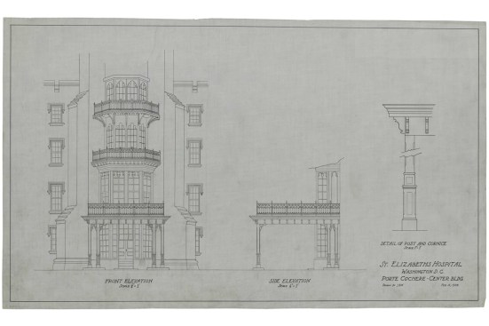 A Victorian porte-cochère—a protective and decorative canopy for visitors to the Center Building—was demolished and rebuilt several times during the history of St. Elizabeths. (1938)