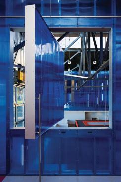 Blue pivot door.