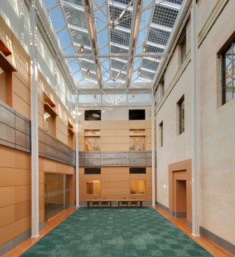 New light court with building-integrated photovoltaics in skylight