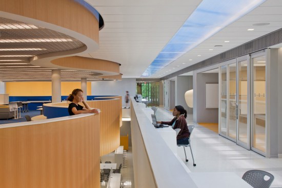 The skylight washes a new learning island in natural light.