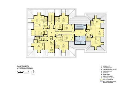 The floor plan for the projects attic space. Bonstra | Haresign widened the hyphen housing the fire stair, elevator, and storage area.