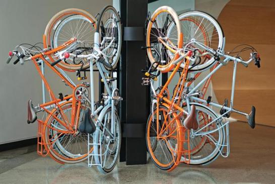 Bicycles mounted to a column in the lobby serve as sculpture when they aren't in use by employees of both AOL and the ground-floor tenants.