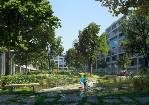 Plazas are used to create central spaces within blocks and are connected together via the pedestrian network